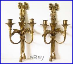Sadek Matching Pair Brass Candlestick Wall Sconces Bow And Tassel Design