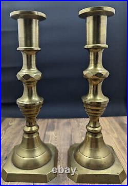 Scarce 19th C Antique Brass Candlestick Holders, Original Patina