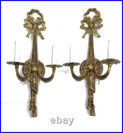 Sconce 2 Arm Pair Old Vintage Brass European Empire Style Ribbon Tassel Design
