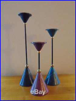 Set 3 Mid Century Black Aqua Blue Purple Marble Cone Iron & Brass Candlesticks