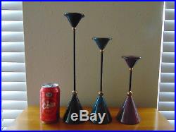 Set 3 Mid Century Black Aqua Blue Purple Marble Cone Iron & Brass Candlesticks