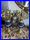 Set French VX vintage candelabras with lion faces 1960 blue candleholder 22tall