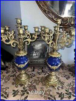 Set French VX vintage candelabras with lion faces 1960 blue candleholder 22tall