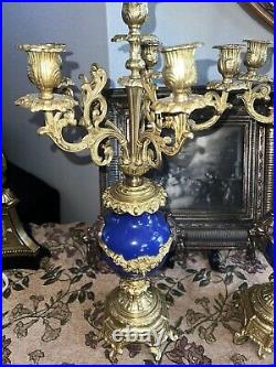 Set French VX vintage candelabras with lion faces 1960 blue candleholder 22tall