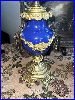 Set French VX vintage candelabras with lion faces 1960 blue candleholder 22tall