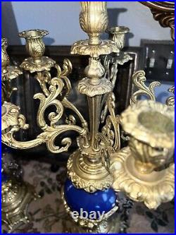 Set French VX vintage candelabras with lion faces 1960 blue candleholder 22tall