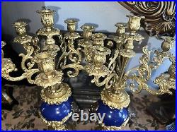 Set French VX vintage candelabras with lion faces 1960 blue candleholder 22tall