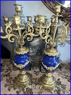 Set French VX vintage candelabras with lion faces 1960 blue candleholder 22tall