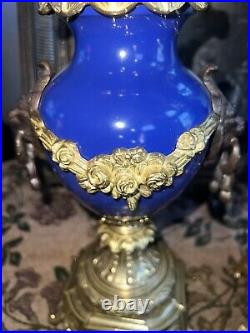 Set French VX vintage candelabras with lion faces 1960 blue candleholder 22tall