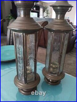 Set Of 2 Vintage Brass Candle Holder Lantern Cage Etched Clear Glass 21 TALL