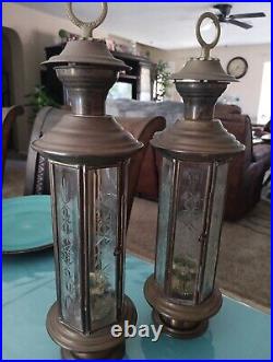 Set Of 2 Vintage Brass Candle Holder Lantern Cage Etched Clear Glass 21 TALL