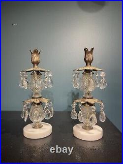 Set Of 2 Vintage Brass Candle Holder With Crystals And Italian Marble Base