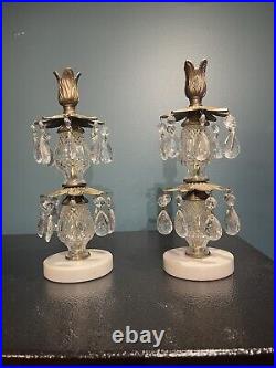 Set Of 2 Vintage Brass Candle Holder With Crystals And Italian Marble Base