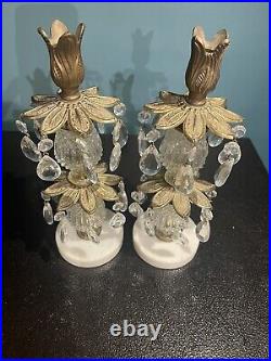 Set Of 2 Vintage Brass Candle Holder With Crystals And Italian Marble Base