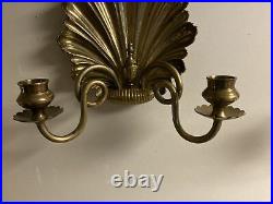 Set Of 2 Vintage Brass Coated Clam Shell Double Armed Candle Wall Sconces