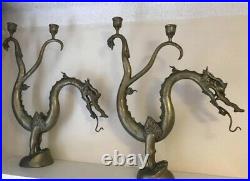 Set Of Brass Chinese Dragon Candelabra Candle Holders