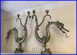 Set Of Brass Chinese Dragon Candelabra Candle Holders
