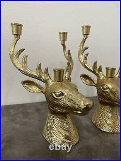 Set of 2 Brass Deer Stag Reindeer Head Candle Holders Candelabra Holiday Winter