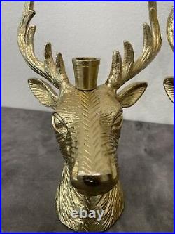 Set of 2 Brass Deer Stag Reindeer Head Candle Holders Candelabra Holiday Winter