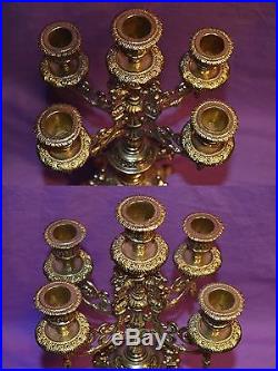 Set of 2 Large 16.5 Ornate Brass Bronze 5-Tier Candelabras Vtg Candle Holders