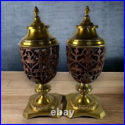 Set of 2 Solid Brass Cast Iron Lidded Incense Candle Holders 16 in Pair Vintage