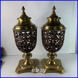 Set of 2 Solid Brass Cast Iron Lidded Incense Candle Holders 16 in Pair Vintage