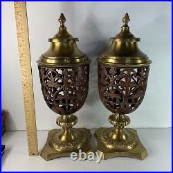 Set of 2 Solid Brass Cast Iron Lidded Incense Candle Holders 16 in Pair Vintage