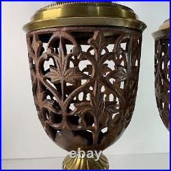 Set of 2 Solid Brass Cast Iron Lidded Incense Candle Holders 16 in Pair Vintage