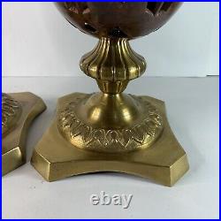 Set of 2 Solid Brass Cast Iron Lidded Incense Candle Holders 16 in Pair Vintage