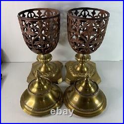 Set of 2 Solid Brass Cast Iron Lidded Incense Candle Holders 16 in Pair Vintage