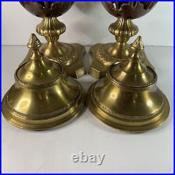 Set of 2 Solid Brass Cast Iron Lidded Incense Candle Holders 16 in Pair Vintage