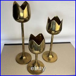 Set of 3 Gatco Midcentury Modern 1960s Solid Brass Tulip Candlestick Holders