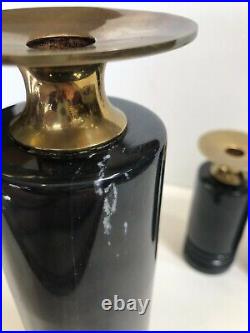Set of 3 Vintage & Rare Dark Gray Marble & Brass Cylinder Shaped Candlesticks