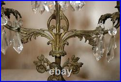 Set of 3 antique ornate girandole bronze crystal candelabra candle holder brass