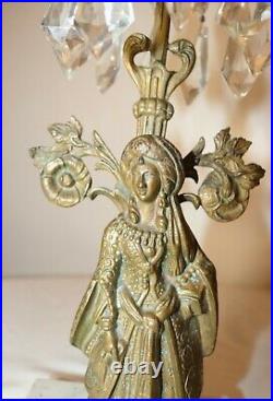 Set of 3 antique ornate girandole bronze crystal candelabra candle holder brass
