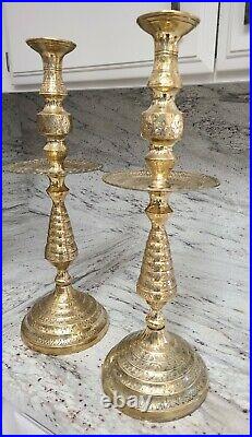 Set of Two 19 Vintage Etched Brass Candlestick Holders BOHO Tall Heavy Brass