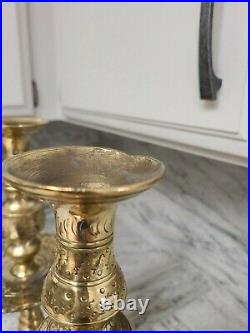 Set of Two 19 Vintage Etched Brass Candlestick Holders BOHO Tall Heavy Brass