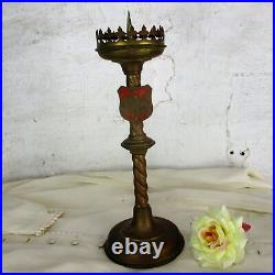 Small Candle Holder Candlestick Church Altar Twisted Stem Shield Brass Religious