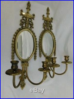 Solid Brass Wall Sconces Candelabras Mirrors Pair Ormolu Candle Holders Ornate