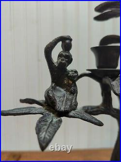 Solid cast Monkeys Palm Tree Double Candlestick Holder Heavy green granite