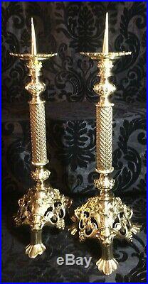 Spectacular pair antique brass bronze church altar candle holders candelabras