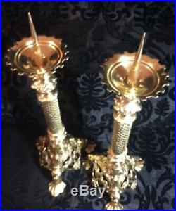 Spectacular pair antique brass bronze church altar candle holders candelabras