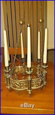 Stunning Antique French Religious Neo Gothic Brass Chandelier Candle Holder