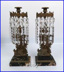 Stunning Pair American Victorian Brass Mantle Lustres on Marble w Courting Scene