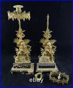 Stunning Pair American Victorian Brass Mantle Lustres on Marble w Courting Scene