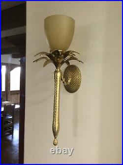 THREE Brass Pineapple Candle Sconce 16 Glass Shades Hollywood Regency Palm Tree