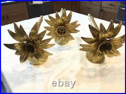 THREE Brass Pineapple Candle Sconce 16 Glass Shades Hollywood Regency Palm Tree