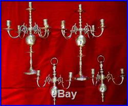 Two Pair Antique Heavy Brass Candle Holders Two Candelabras Two Wall Sconces