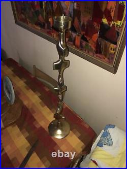 Tall Antique Abstract Geometric Brass Church Altar Candle Stick Holder MCM