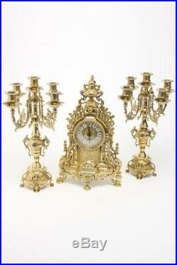 Triptych BAROQUE couple Candelabra candle holder with Watch in polished brass
